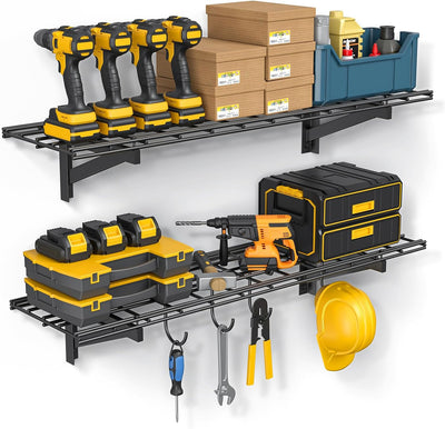 2 Estantes Garaje Pared 1x4pies Hierro 700lb con 4 Ganchos