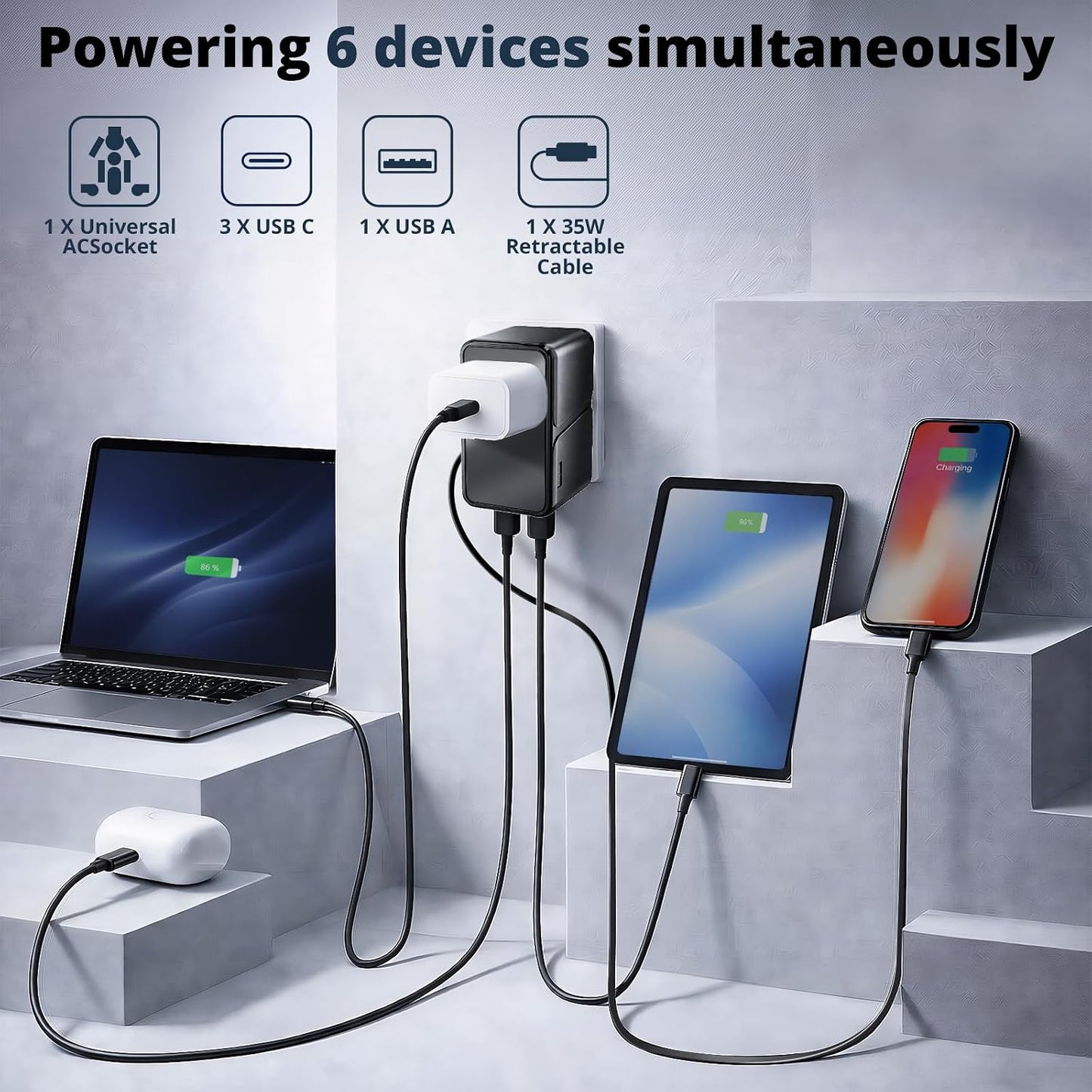 Adaptador viaje GaN 35W 5en1 con cable C