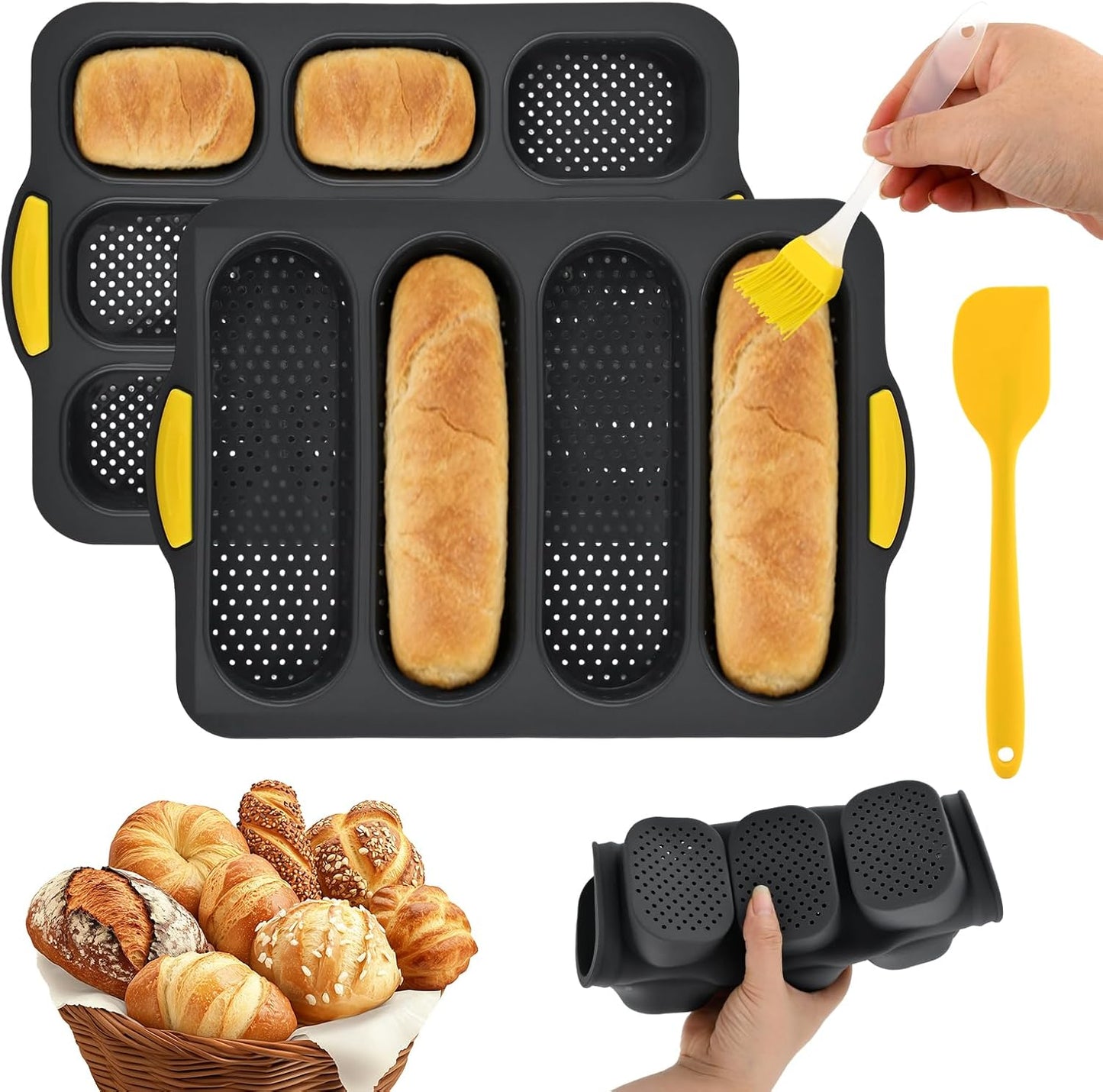 Juego moldes silicona para hornear pan baguette hamburguesa 4/9 tazas bandeja antiadherente con cepillo raspador