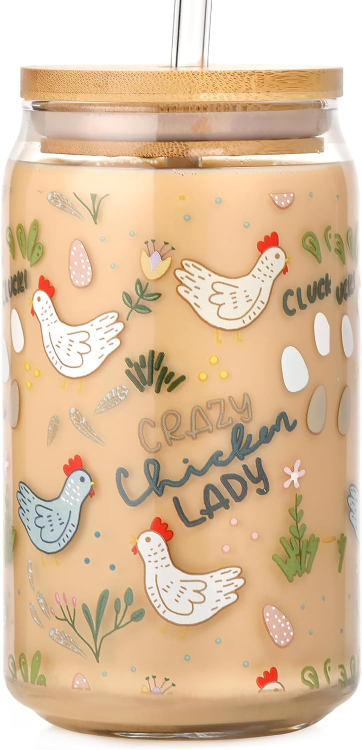 Taza divertida de vidrio de pollo con tapa y pajita