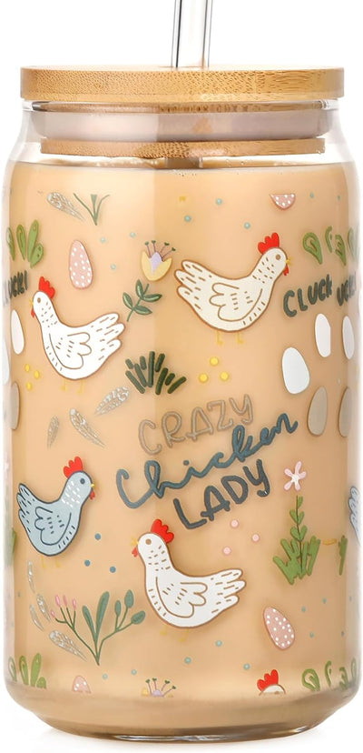 Taza divertida de vidrio de pollo con tapa y pajita