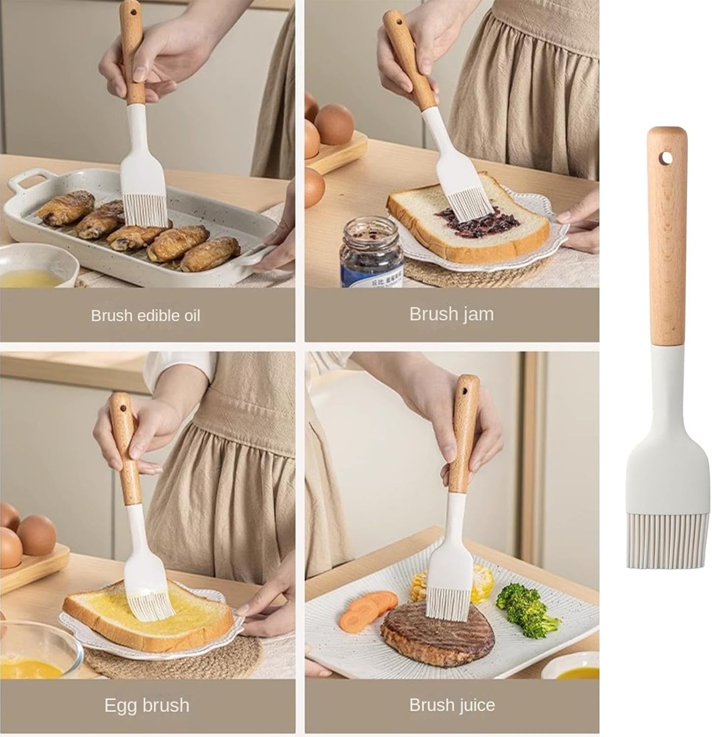 2 Cepillos Silicona Mango Madera para Cocina Hornear