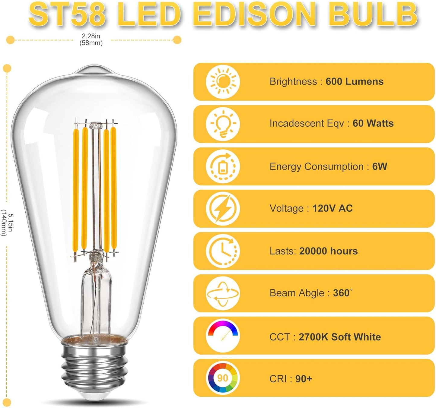 Bombilla LED Edison ST58 filamento vintage 6W 750lm E26