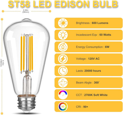 Bombilla LED Edison ST58 filamento vintage 6W 750lm E26