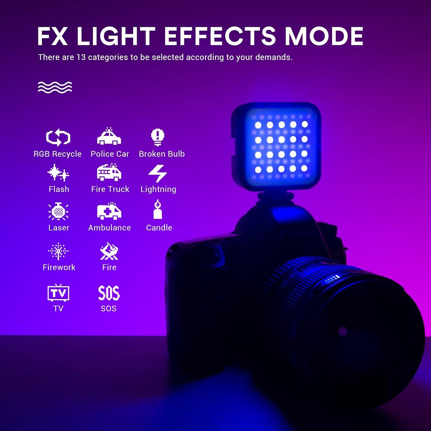 Luz LED RGB para video con 36000 colores y 13 efectos FX