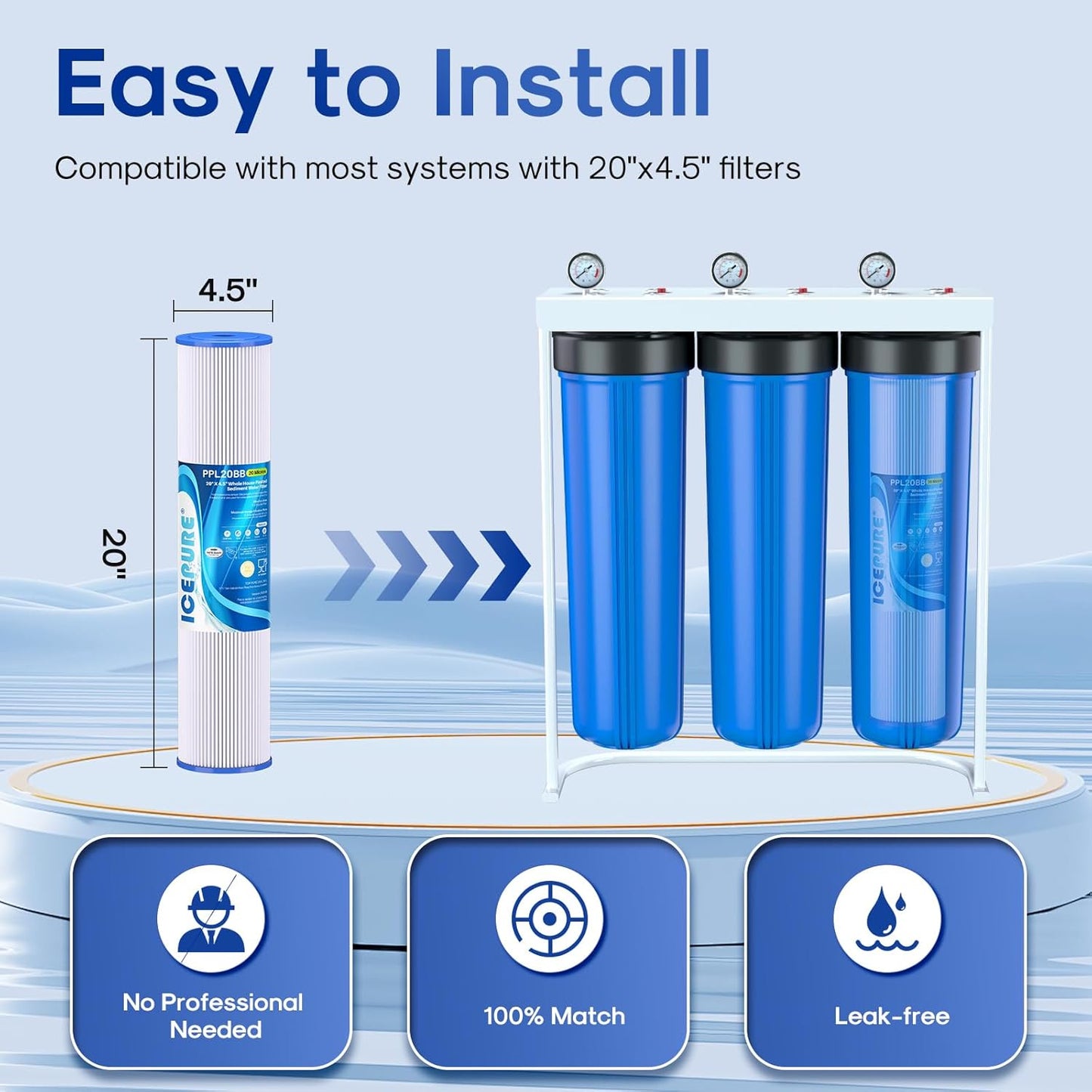 Filtro sedimento plisado 20micrones 20x4.5pulg para agua de pozo