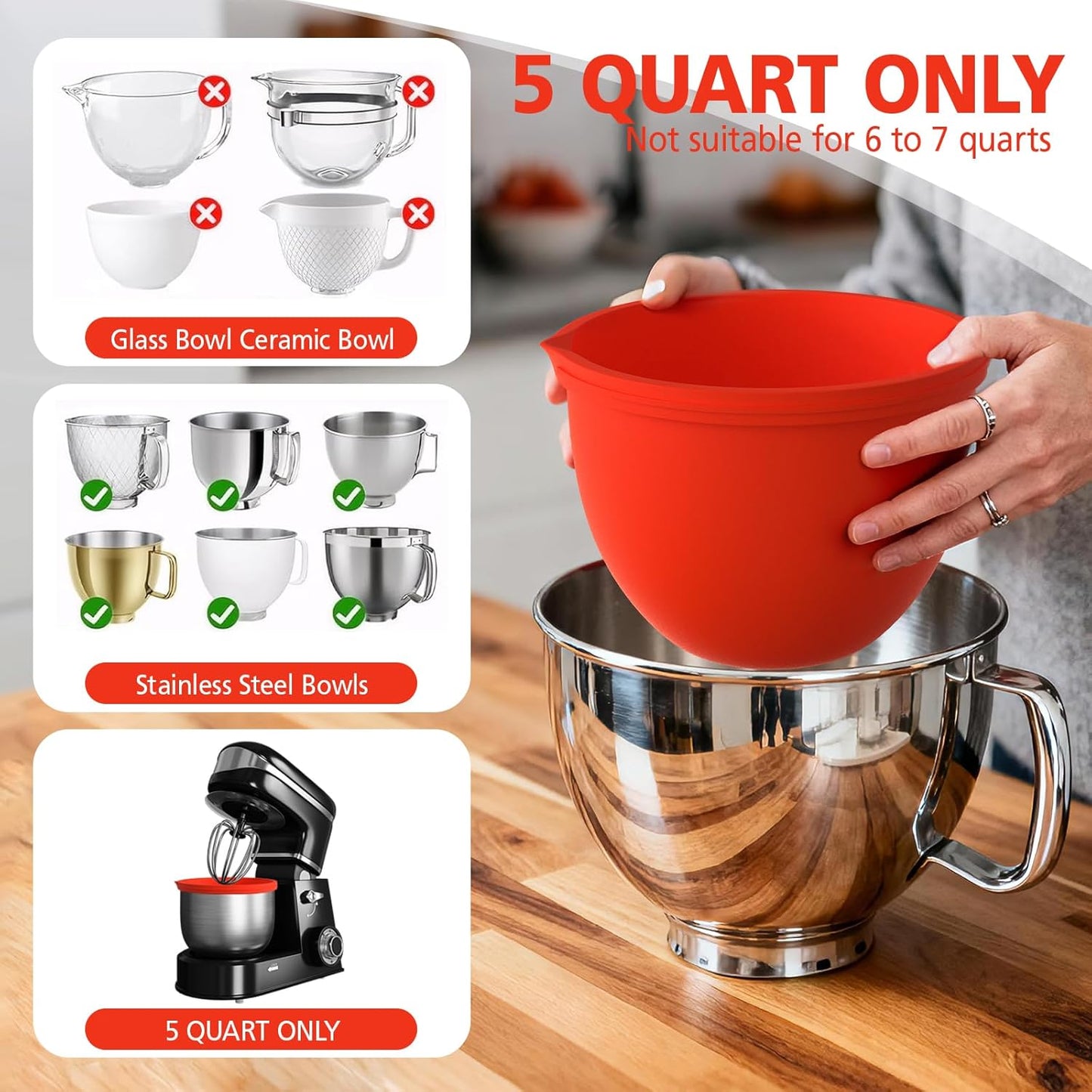 Tazón silicona para KitchenAid 5qt con tapa rojo blanco negro