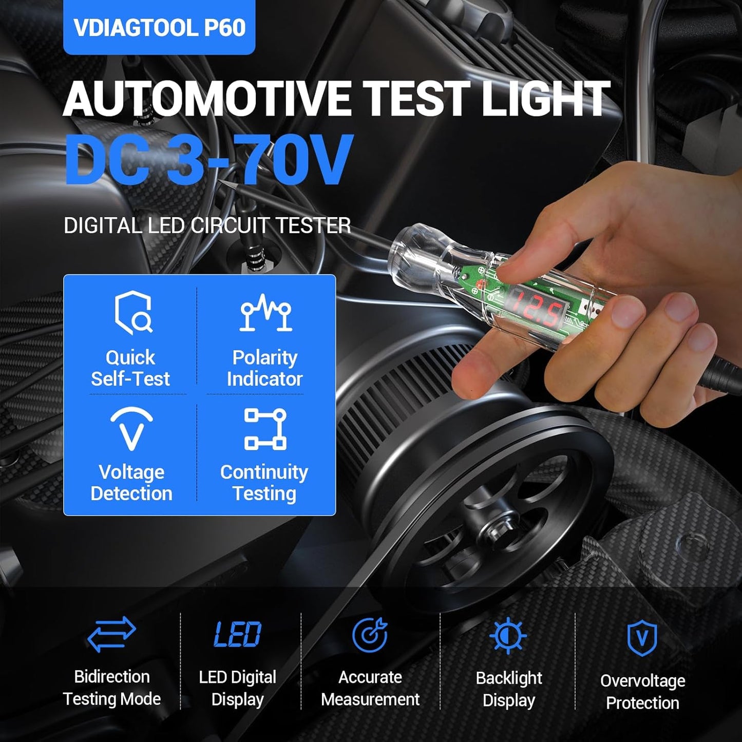 Luz prueba automotriz P60 LED 3-70V con voltímetro y sonda inox