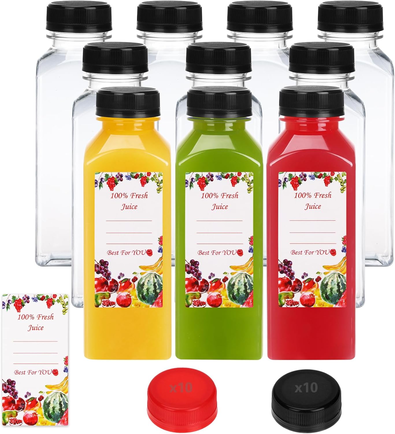 Botellas de plástico para jugo SUPERLELE 12 oz con tapas rojas y negras