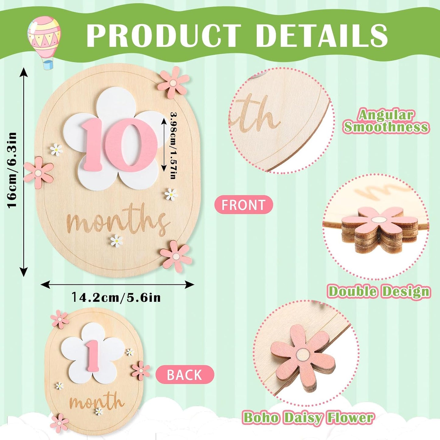 Tarjetas hitos mensuales bebé 12 meses madera margaritas