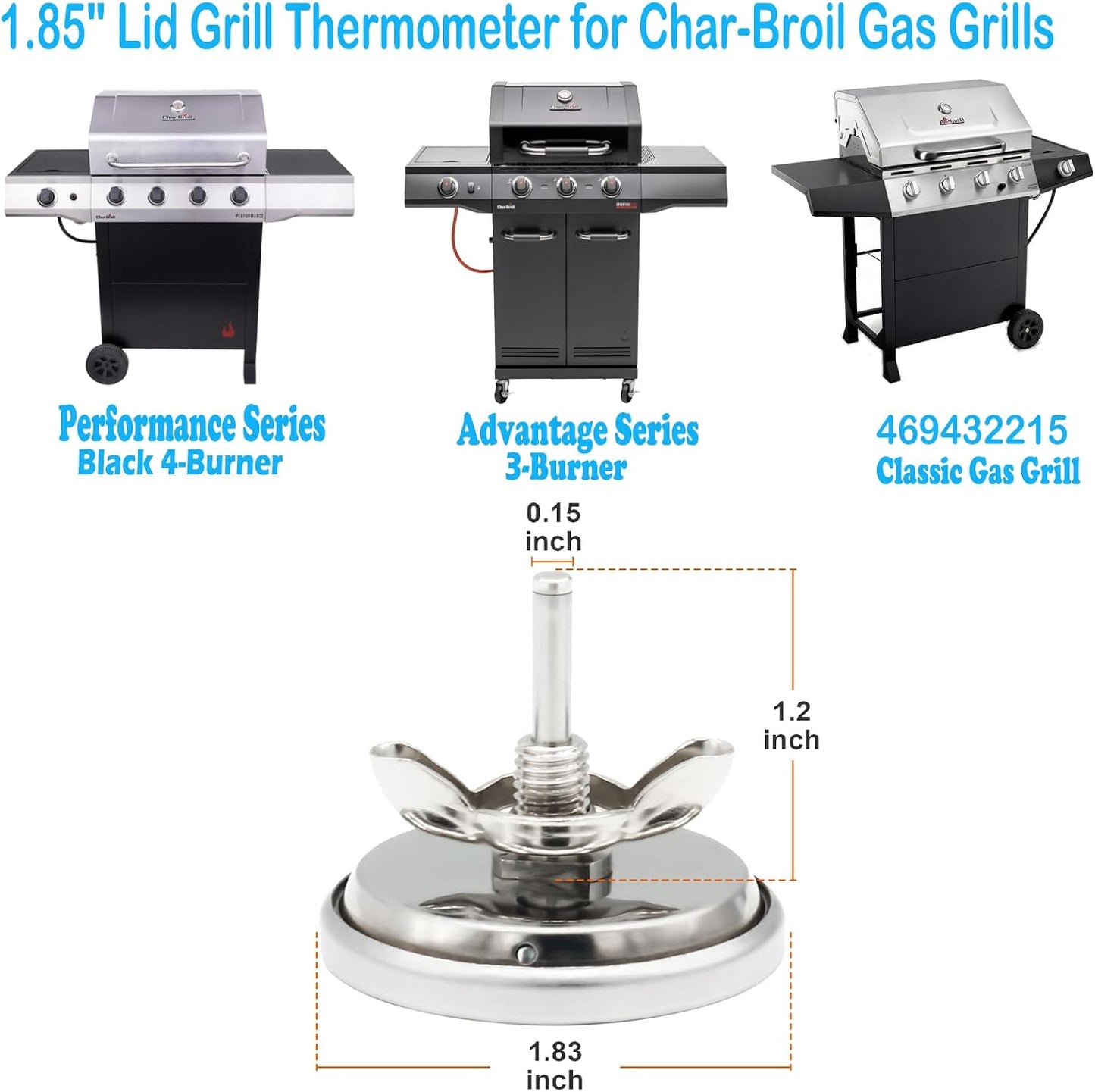 Termómetro parrilla gas Charbroil acero inox 1.85pulg