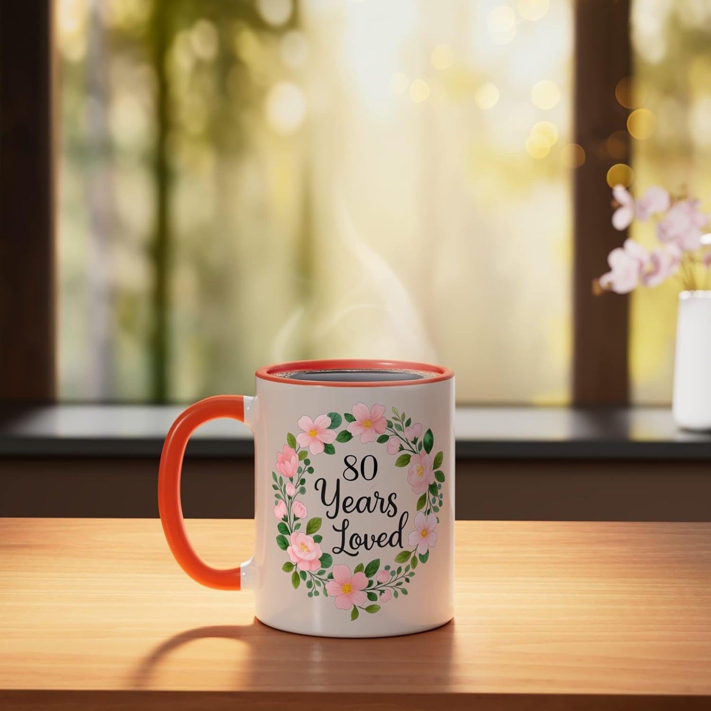 Taza cerámica para cumpleaños 80 años diseño floral amarilla/blanca