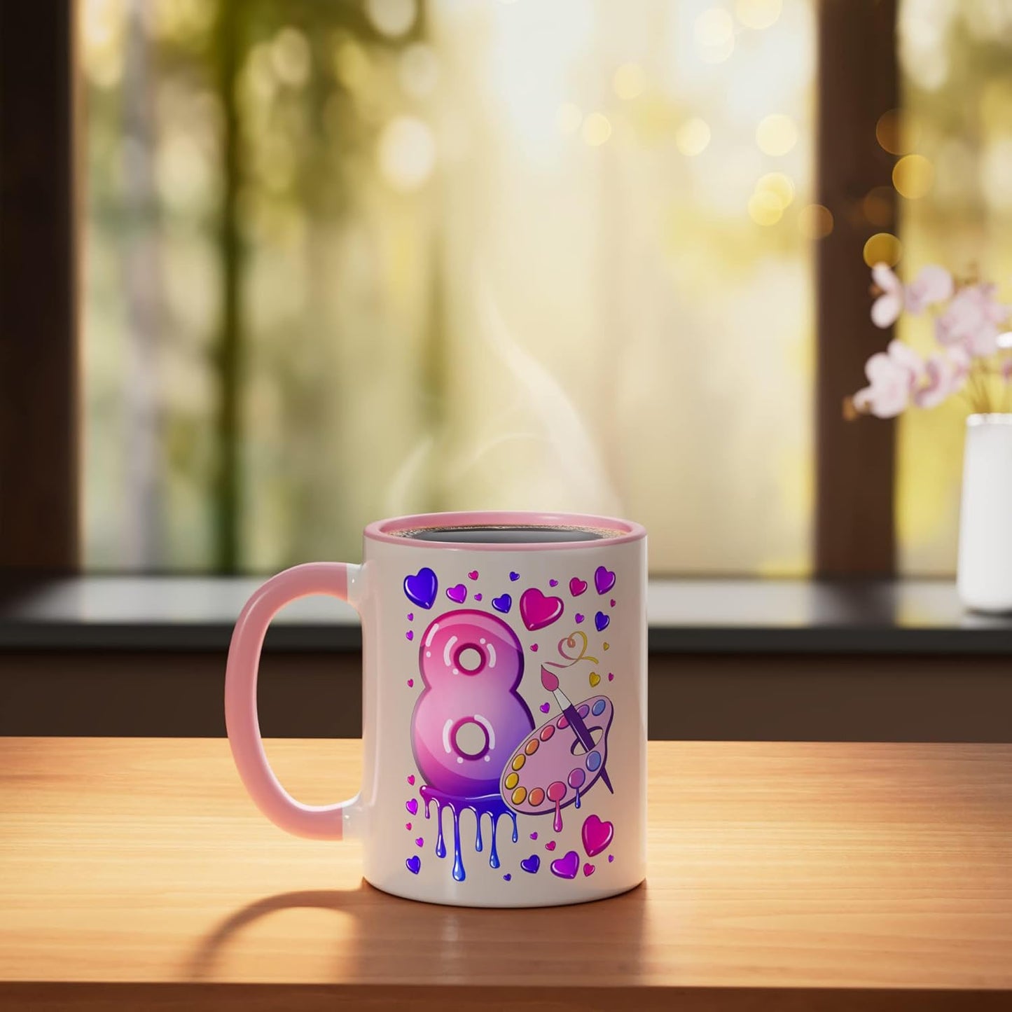 Taza cerámica para cumpleaños número 8 niña rosa/blanco