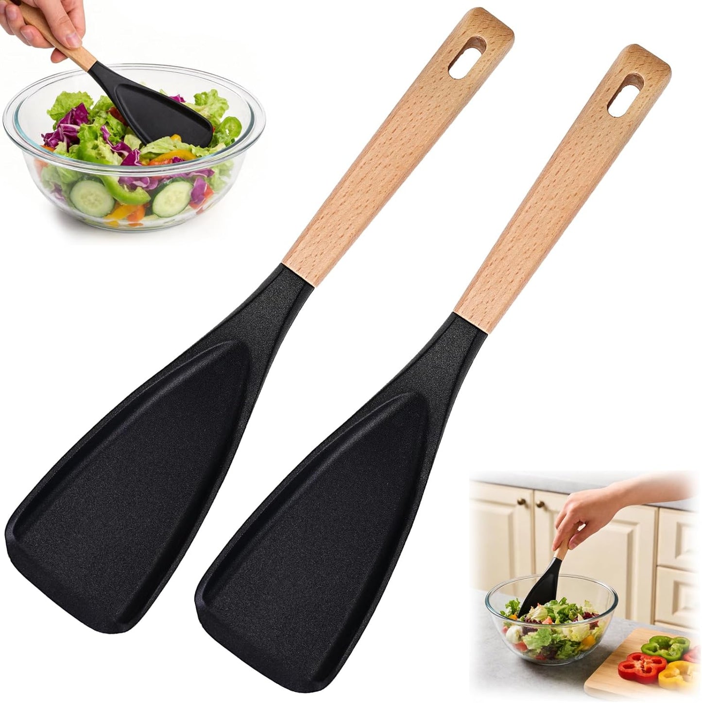 2 cucharas de cocina antiadherentes con mango de madera y espátula de silicona