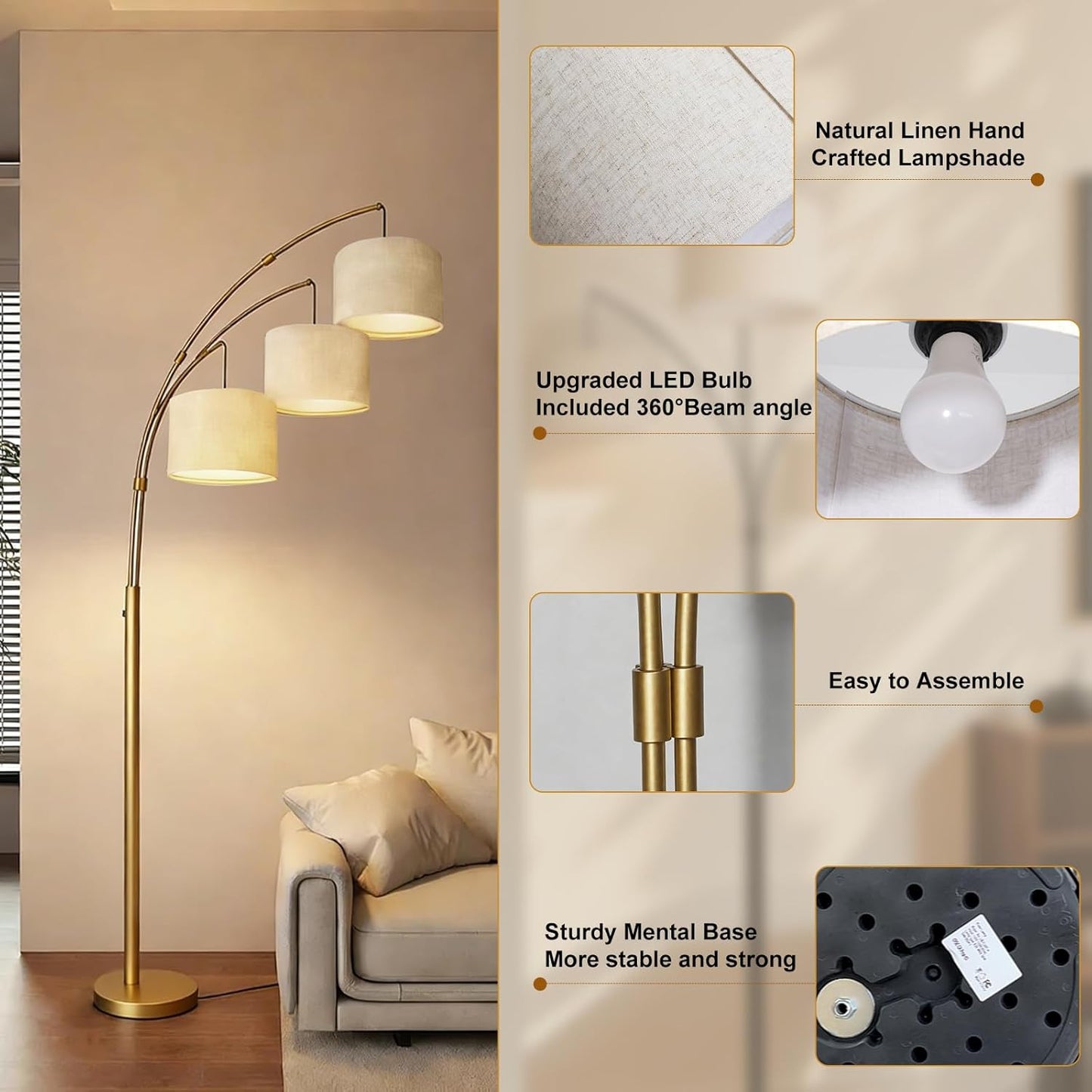 Lámpara pie arco 3 luces control remoto 2400lm dorado lino