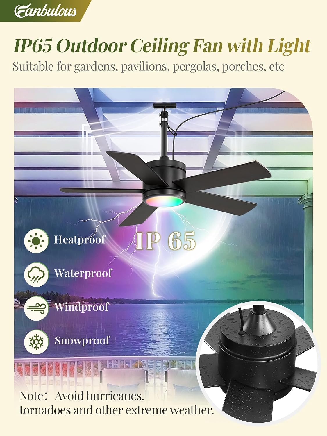 Ventilador techo exterior 42pulg RGB control remoto IP65