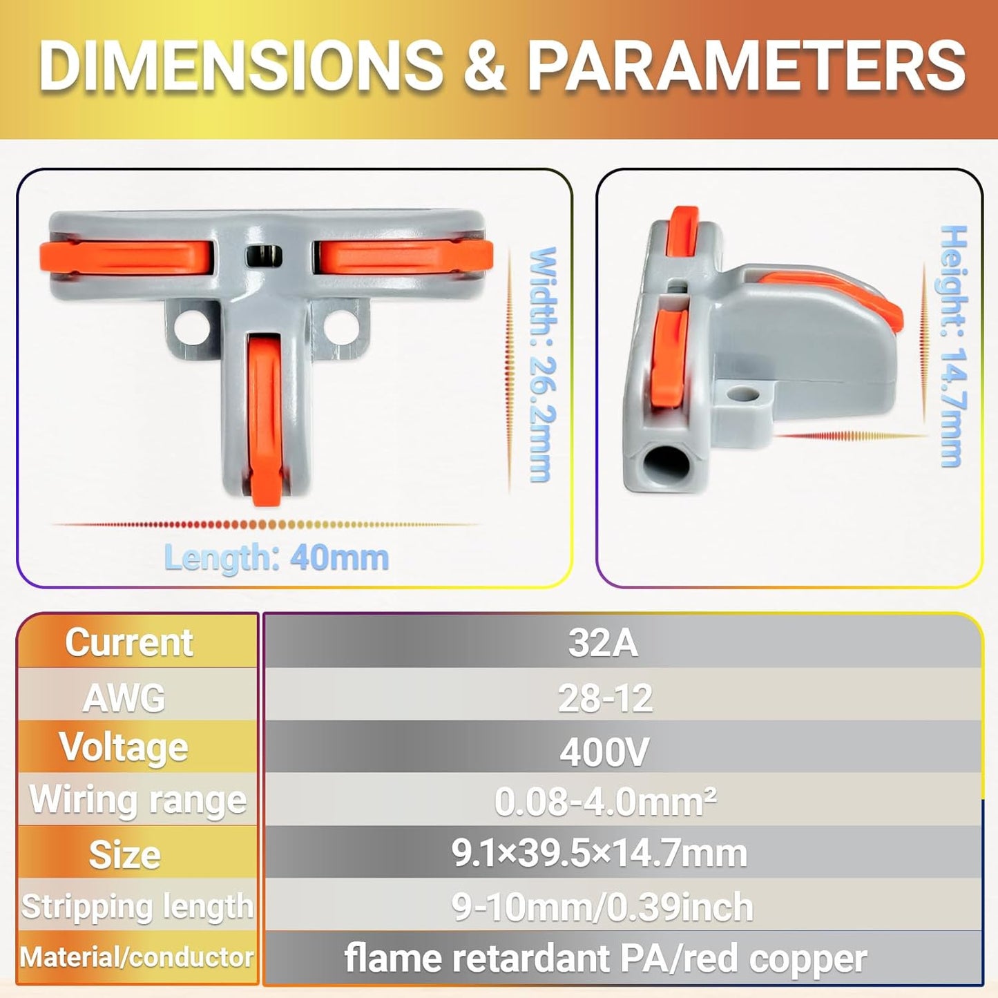 32 Conectores Cable Palanca Forma T AWG 28-12 Naranja