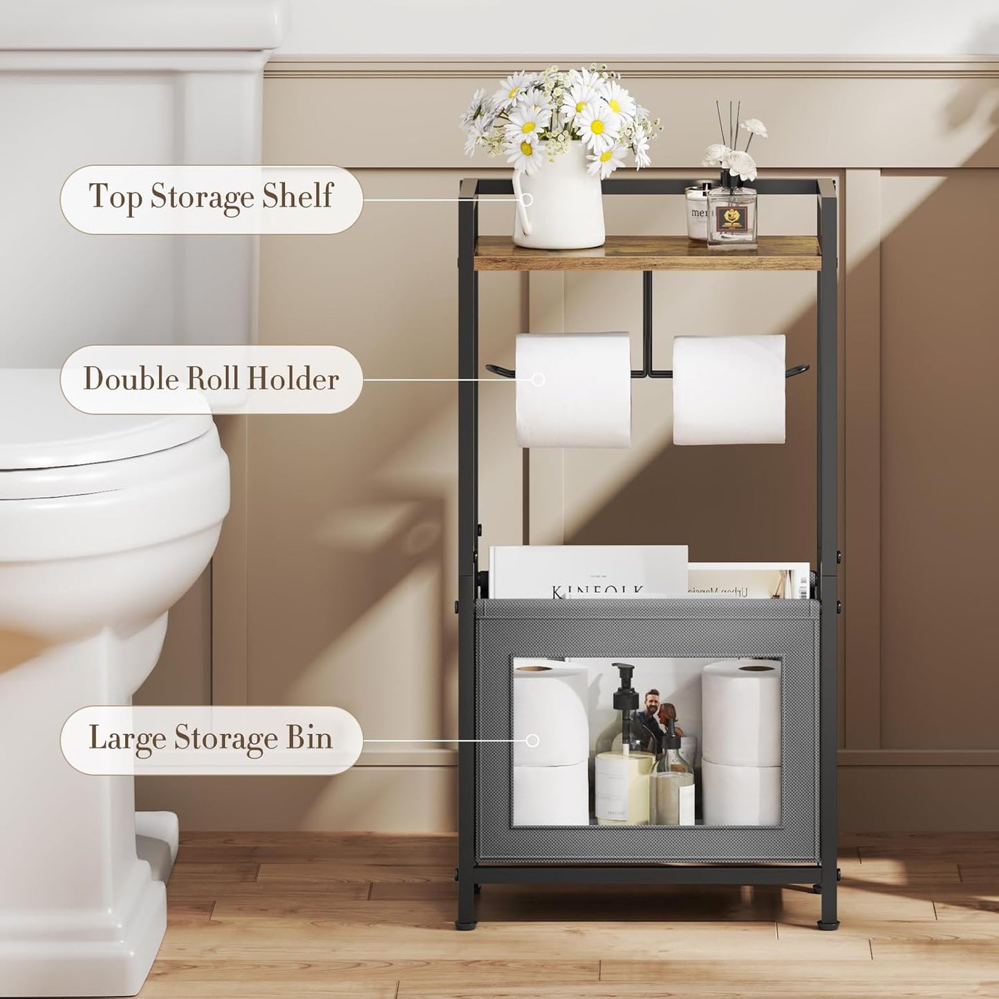 Soporte papel higiénico con cesta y estante madera para baño negro