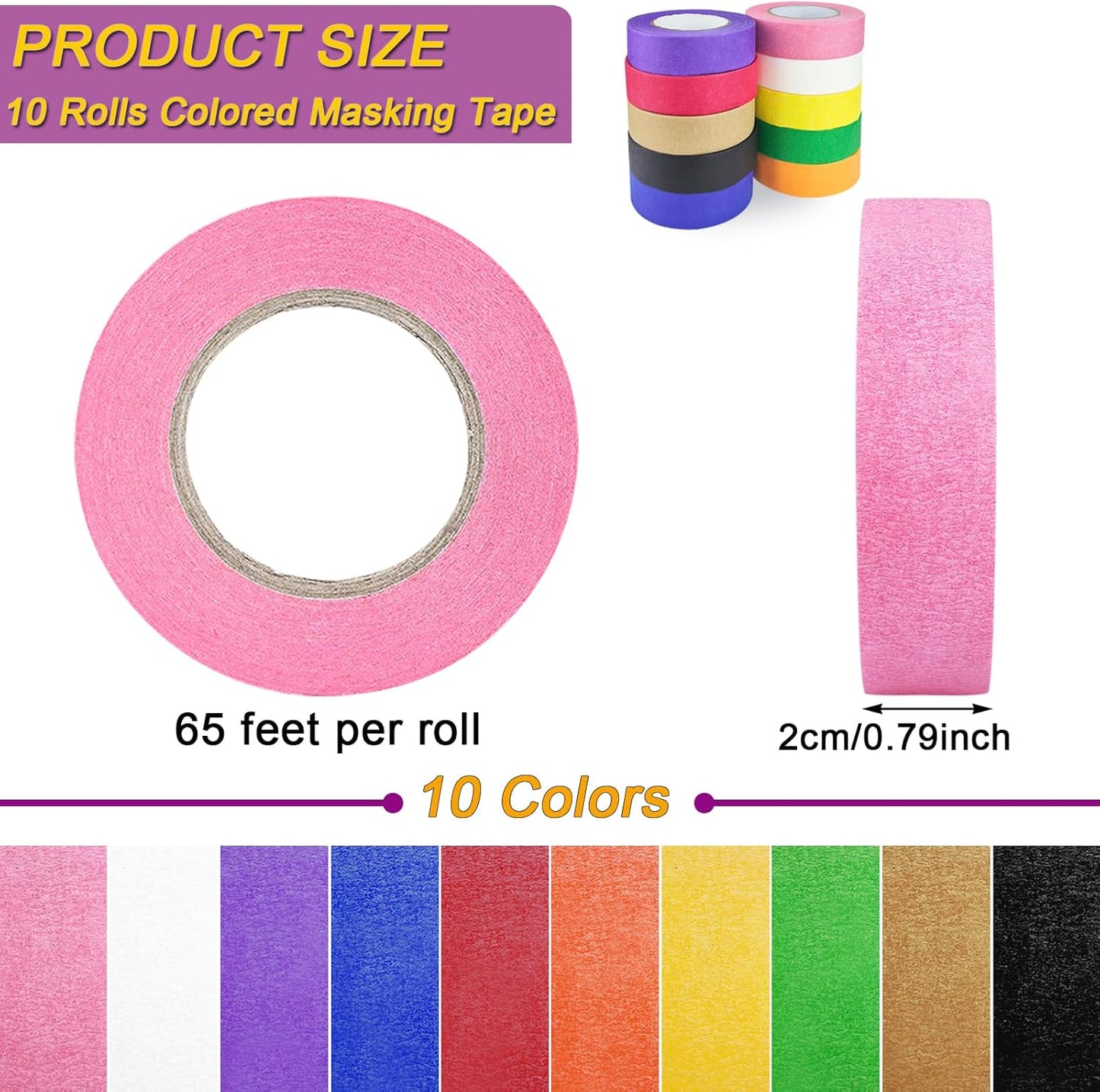Cinta adhesiva 10 colores 0.79pulg x65.6yardas manualidades