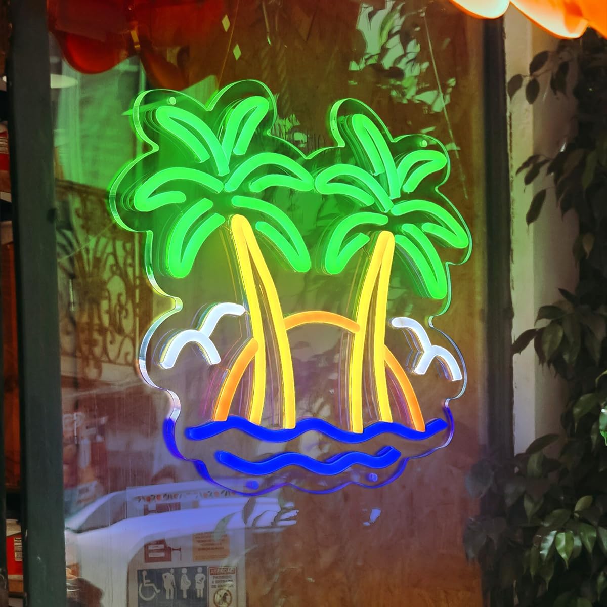 Letrero neón palmera doble luz LED decoración playa bar Tiki