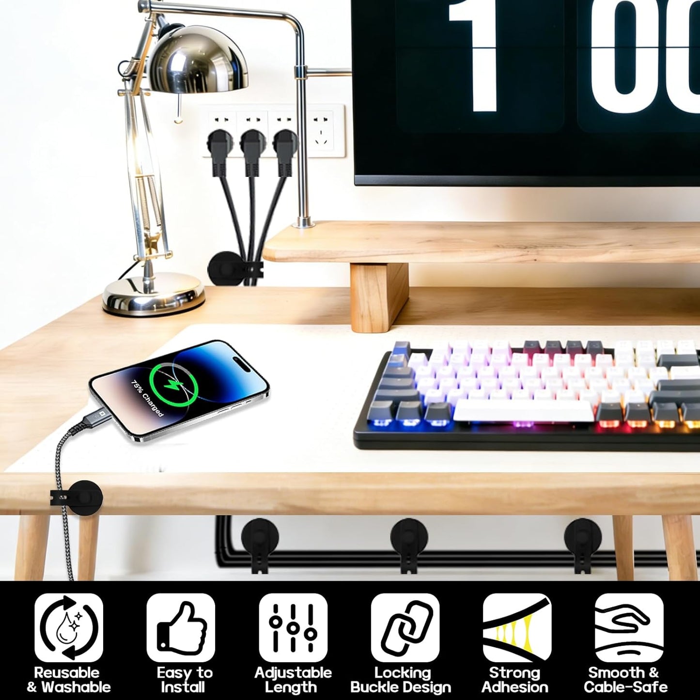 Organiz. cables silicona autoadhesiva para hogar y cocina