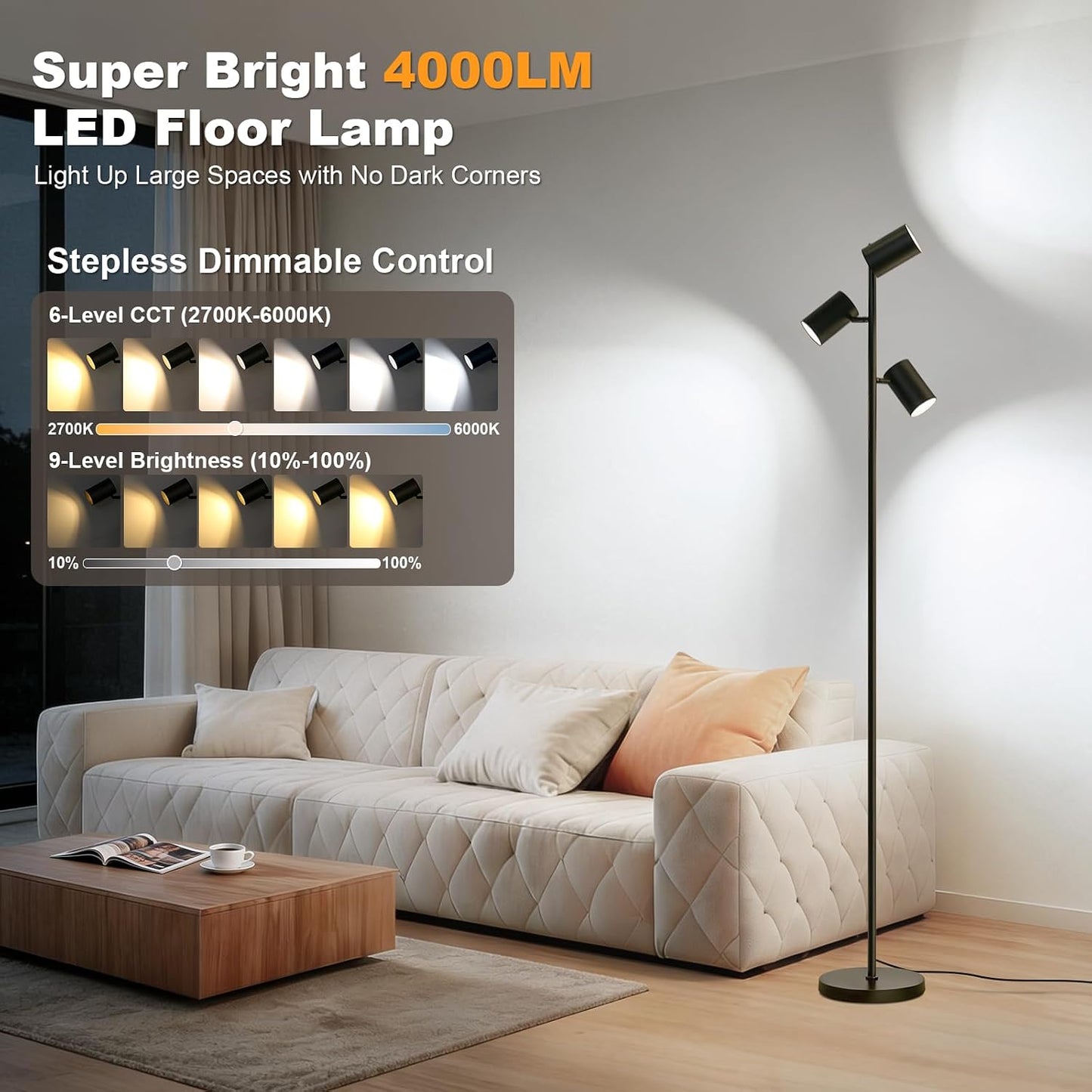 Lámpara pie LED 4000 lúmenes 36 W con control remoto 6 temperaturas