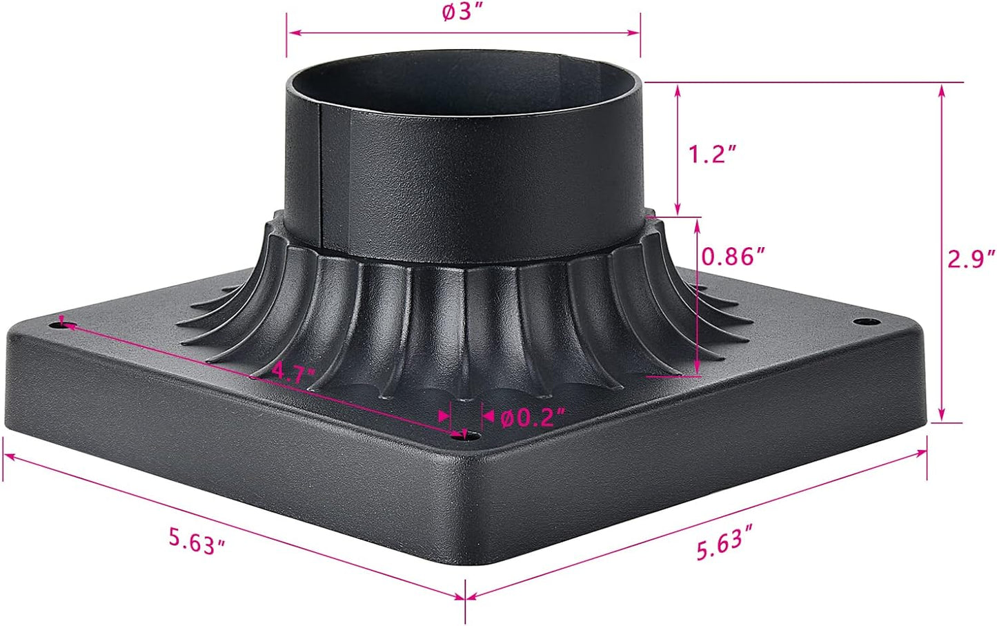 Base luz poste exterior 3pulg cuadrada negra adaptador