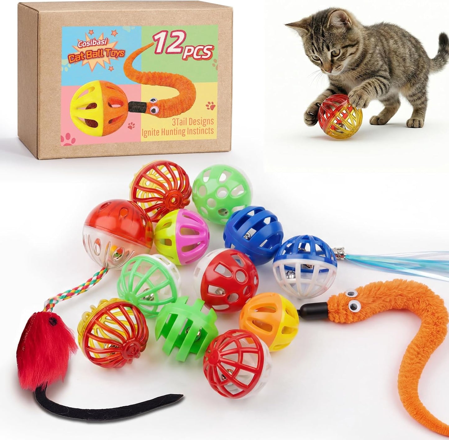 Pelotas interactivas para gatos 12uds con 3 colas reemplazables