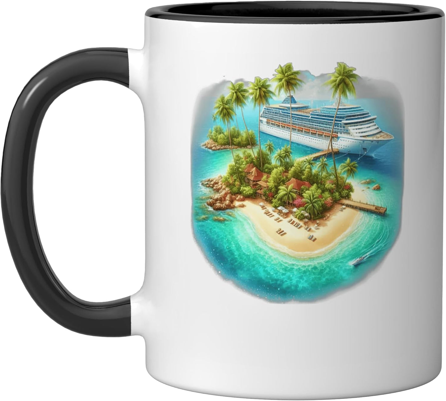 Taza cerámica para vacaciones en crucero isla tropical negra/blanca