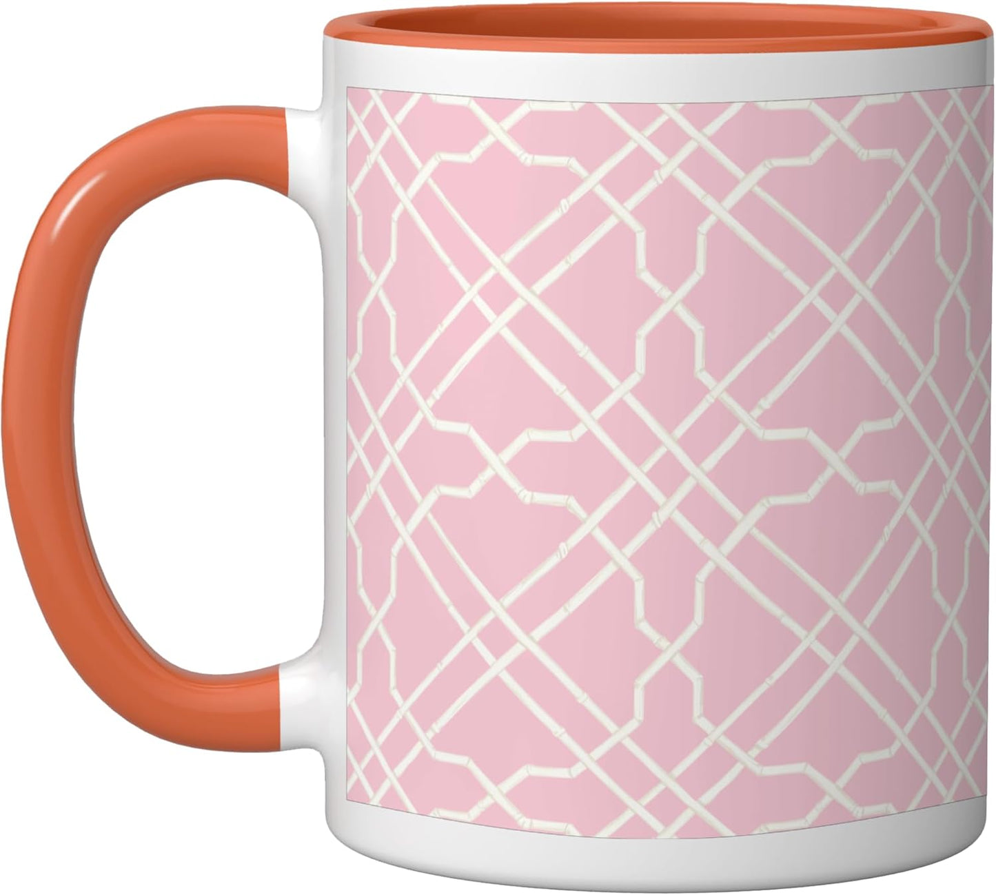 Taza cerámica Pink Trellis Preppy Chinoiserie con patrón de enrejado naranja/blanco