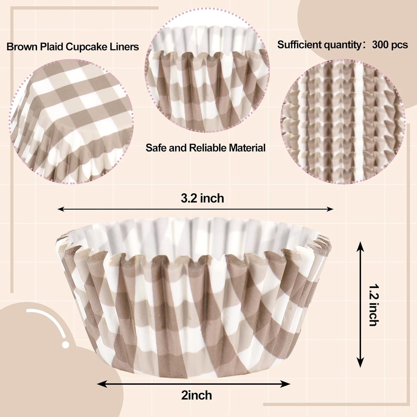 300 Pzas Papel Cuadros Marrón para Cupcakes y Muffins