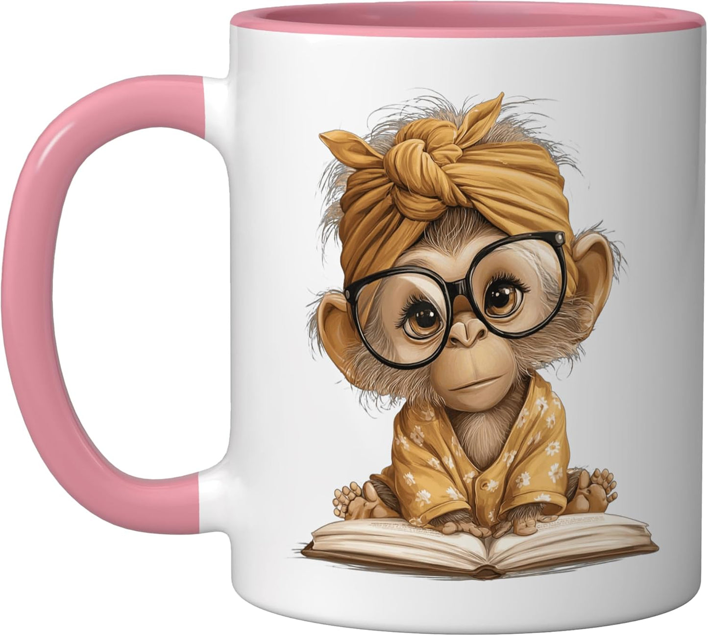 Taza cerámica de mono lector adorable para bebé rosa/blanca