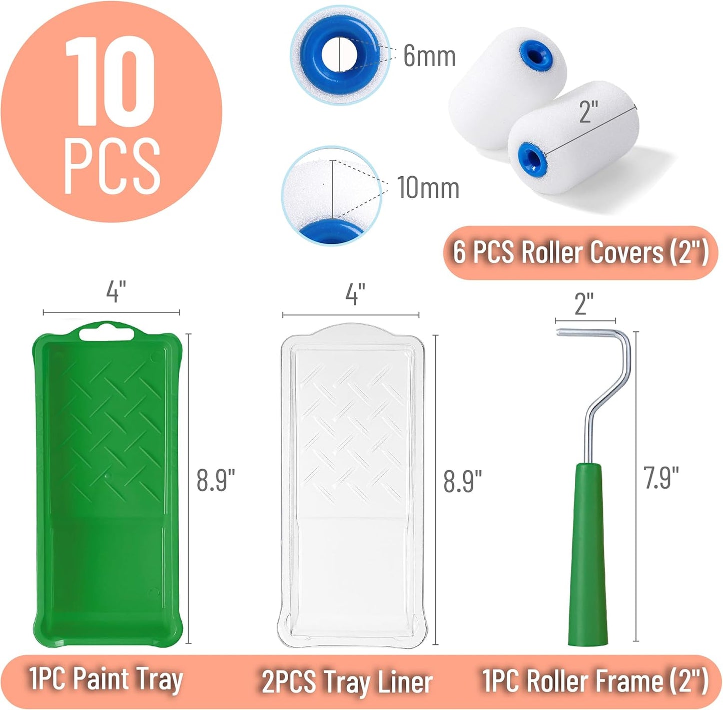 Kit rodillos pintura espuma 2pulg set 10 con bandeja