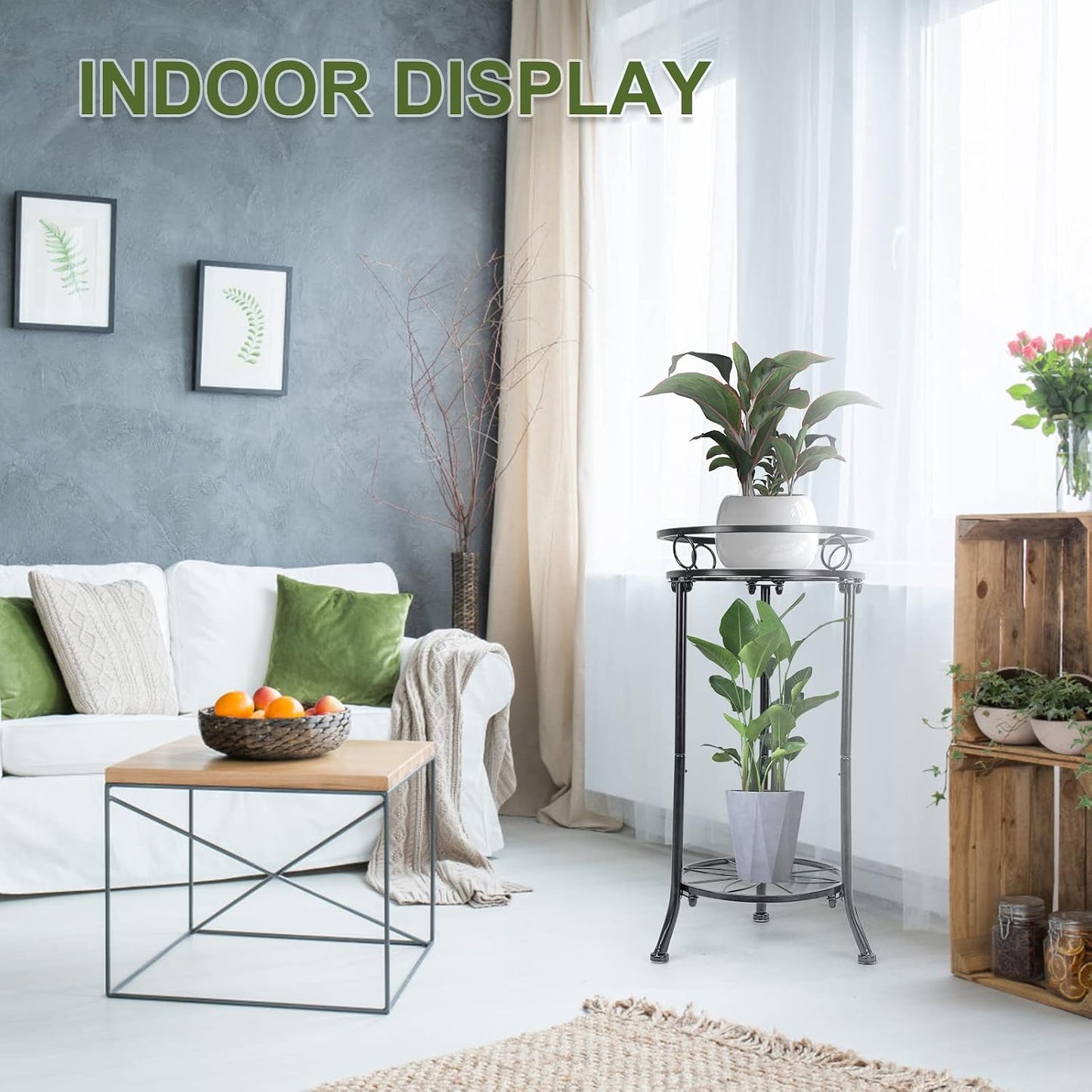 Soporte plantas 2 niveles metal 20.3pulg negro resistente