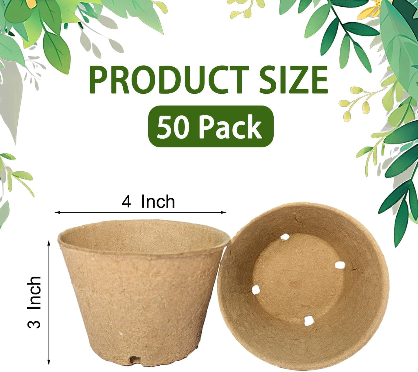 50 Macetas Turba 4pulg Biodegradables con Agujeros Drenaje