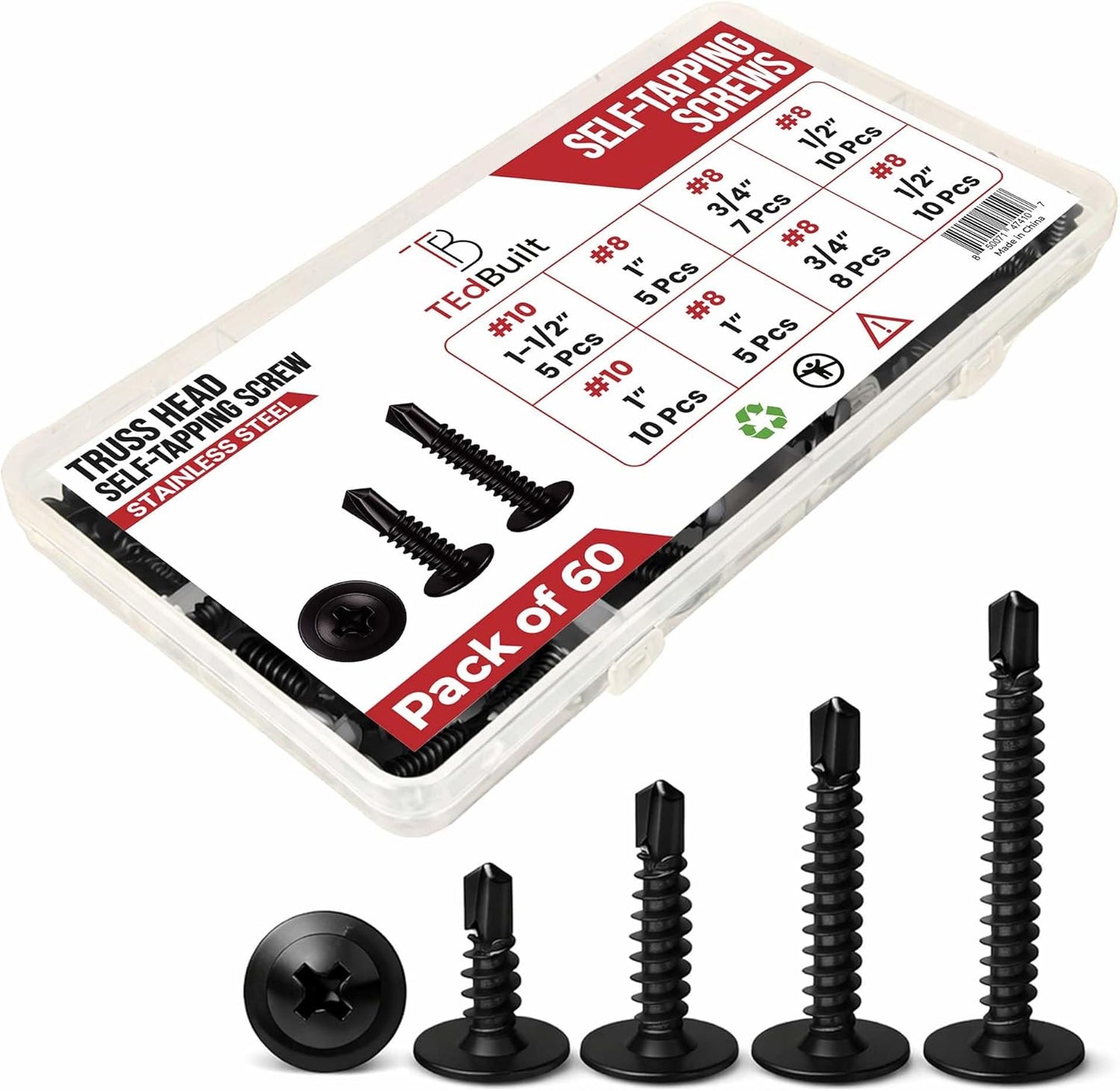 Tornillos autorroscantes acero inox set 60 piezas 5 tamanos