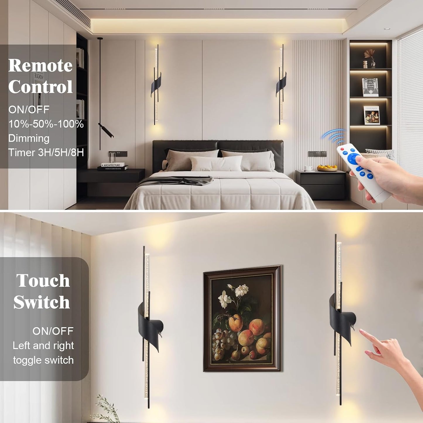 2 Apliques Pared LED Recargable 20000mAh Negro 33pulg