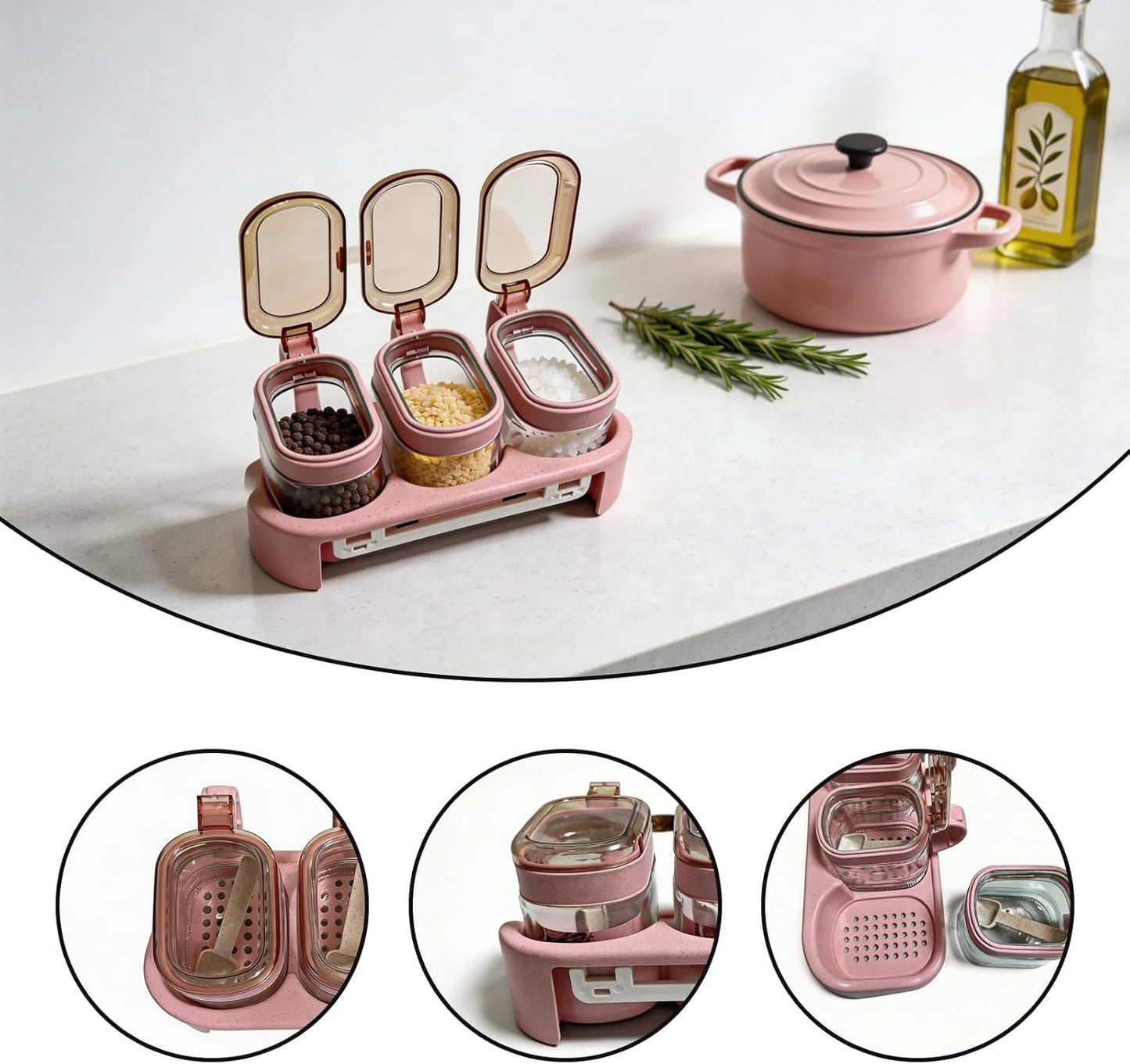 Set 3 tarros vidrio rosa con tapas y asas para especias café