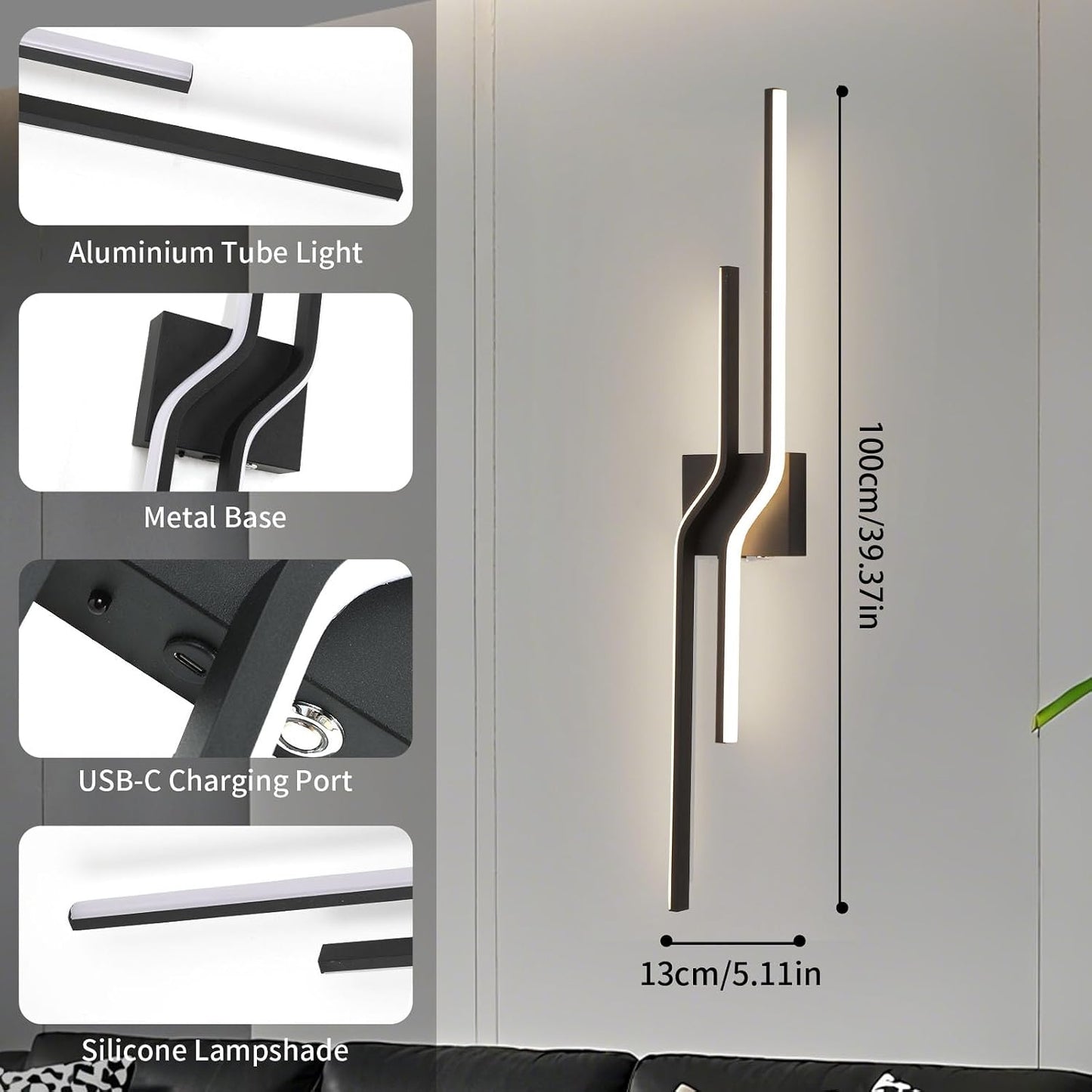 Apliques pared inalámbricos LED negras 39.3pulg control remoto