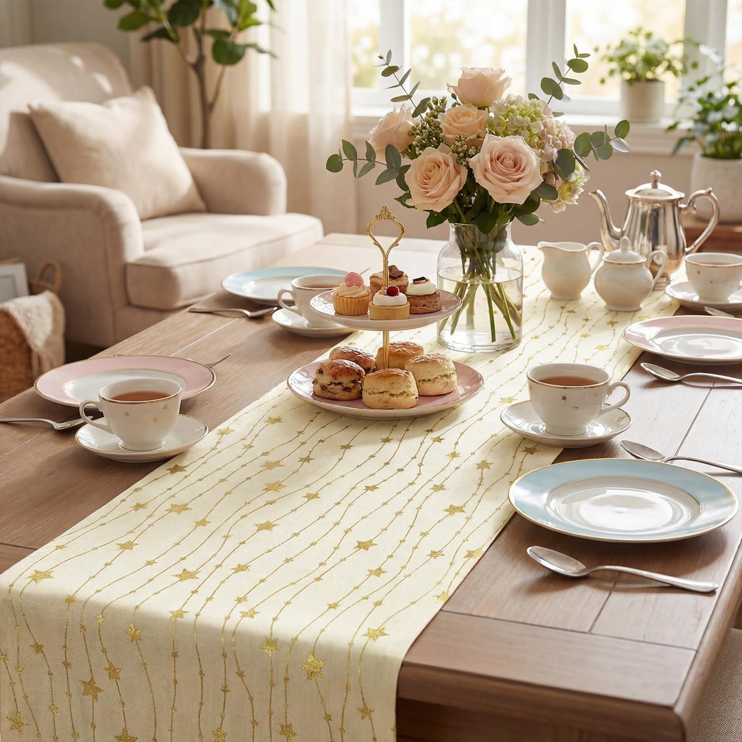 Mesa arpillera beige estrellas doradas 12x72pulg comedor boda