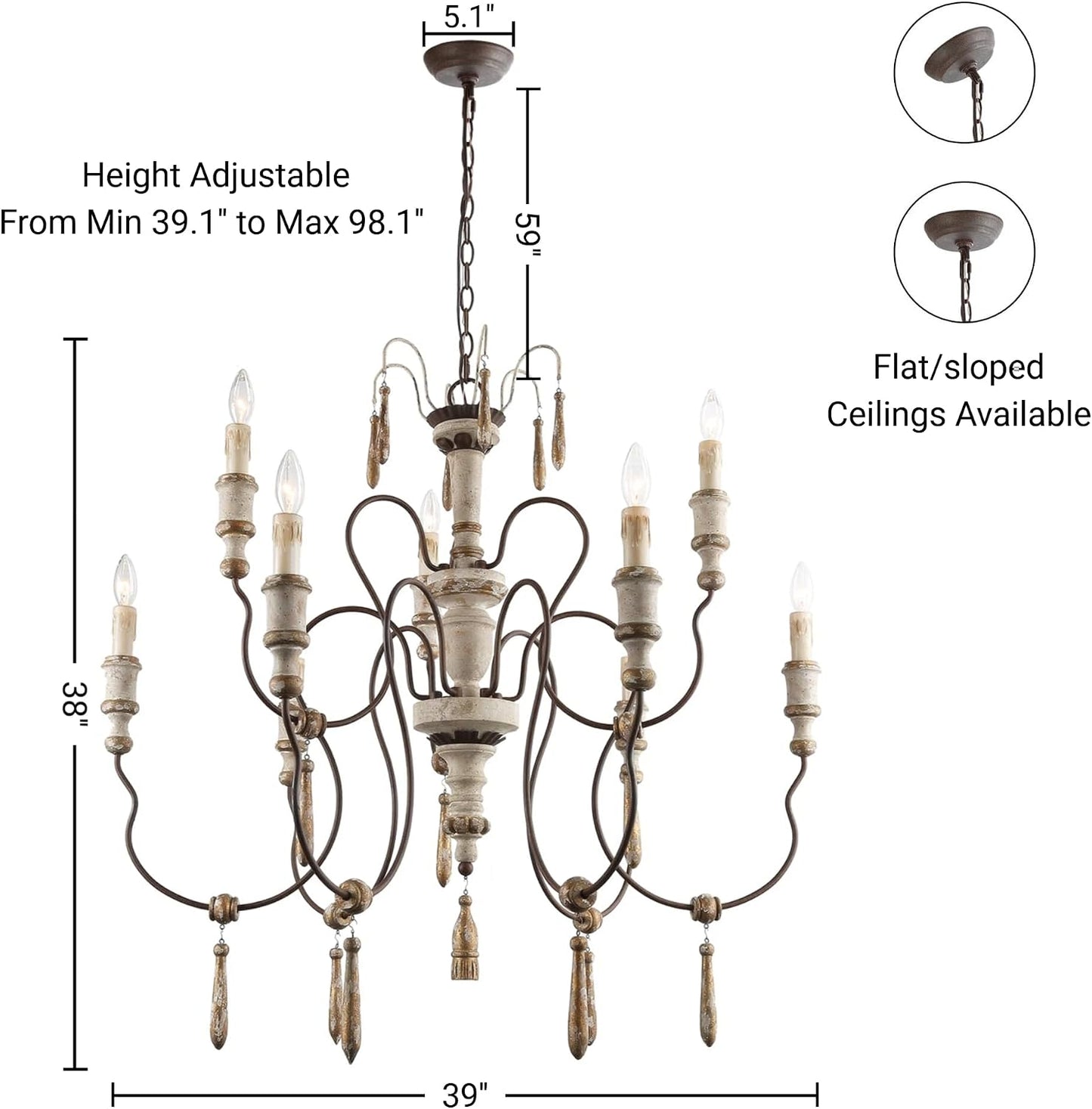 Lámpara colgante de madera envejecida 39pulg 9 luces rústica