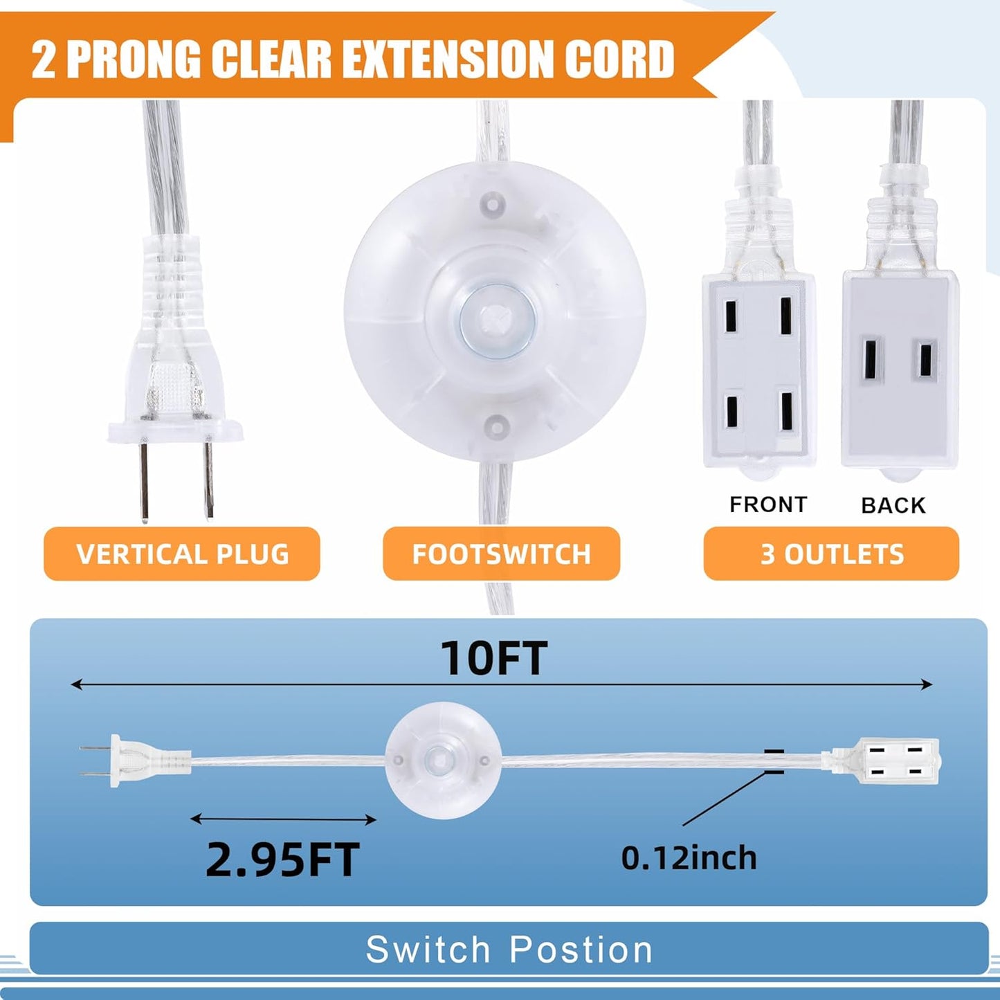 Cable extensión transparente con interruptor 3 tomas 10pies 13A