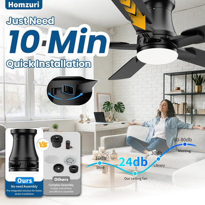 Ventilador techo 52pulg luz LED negro motor CC reversible