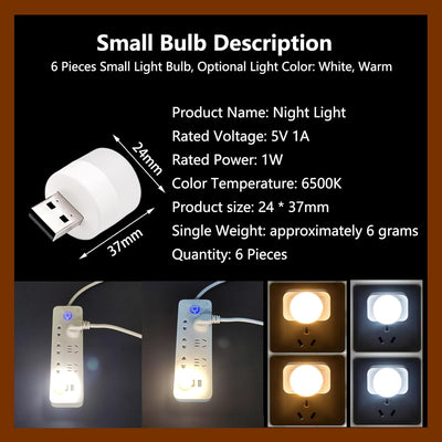 6 Pzas Luz Nocturna USB LED Ahorro Energía Caliente
