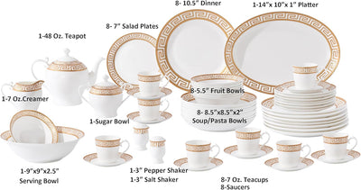 Set 57 Pzas Vajilla Porcelana Hueso Diseño Llave Griega Dorada