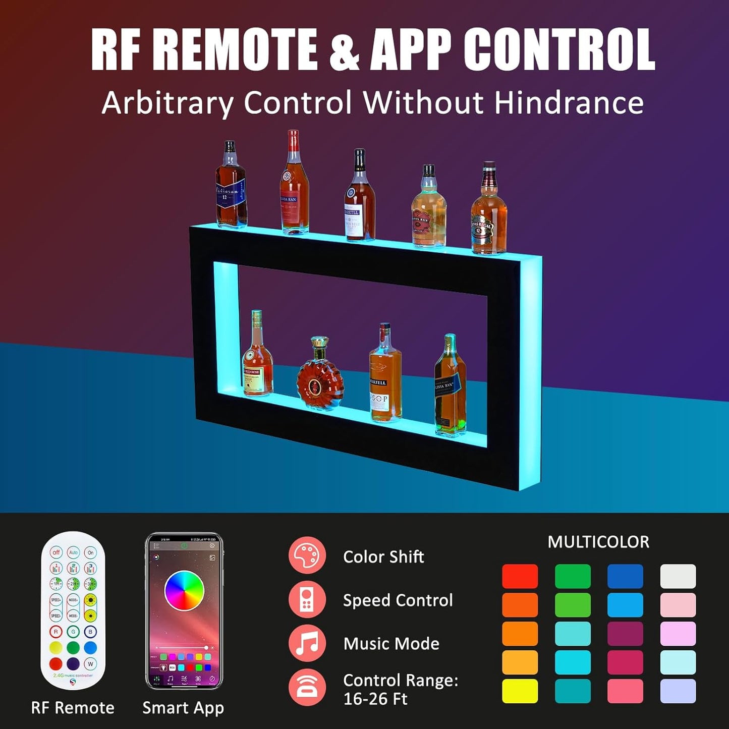Estante licor luz LED 48pulg 2 niveles control remoto RGB