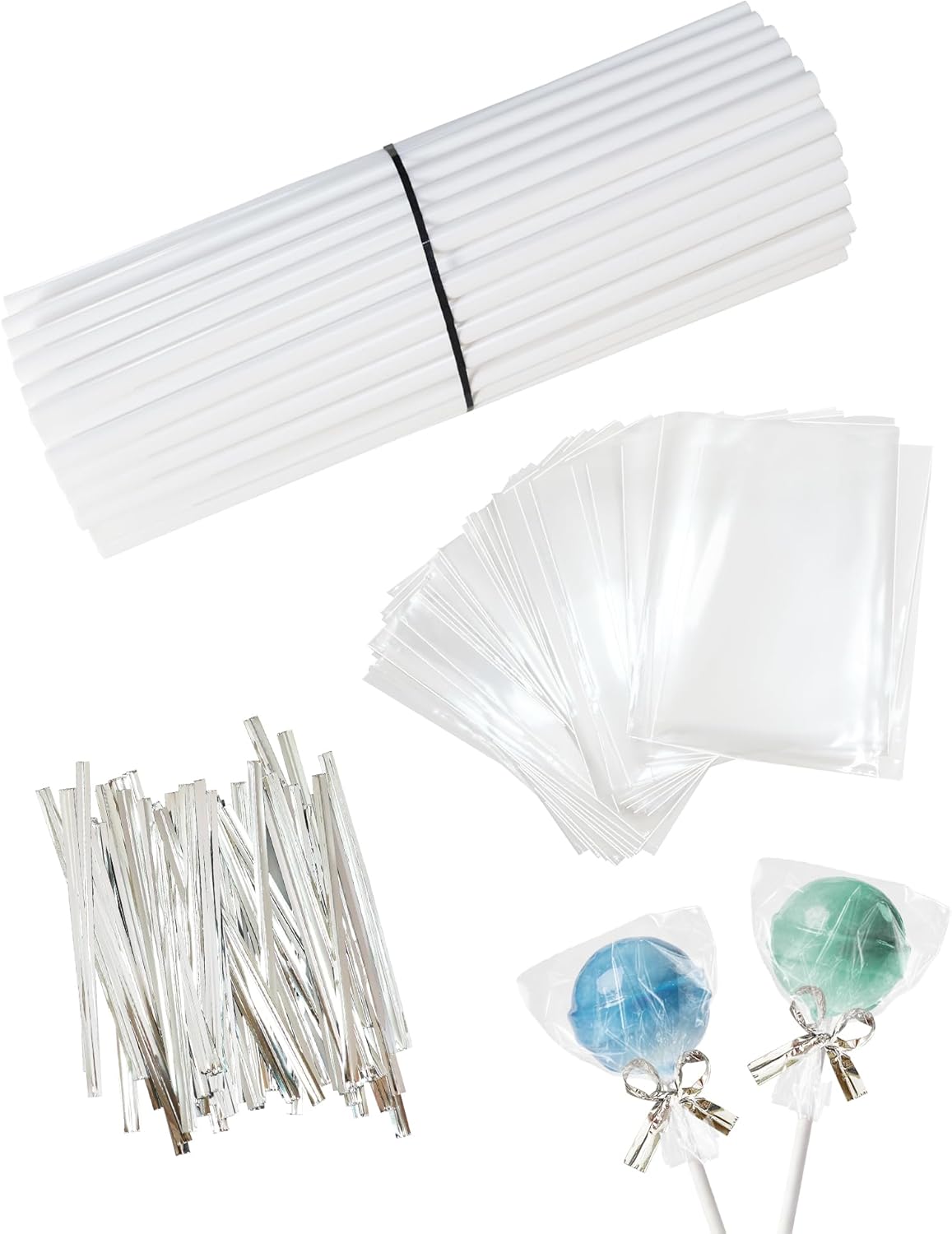 Kit palitos y bolsas plástico 4pulg para dulces y postres