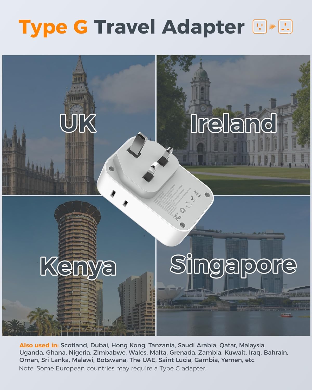 Adaptador viaje 20W USA-UK 4USB incluye Irlanda