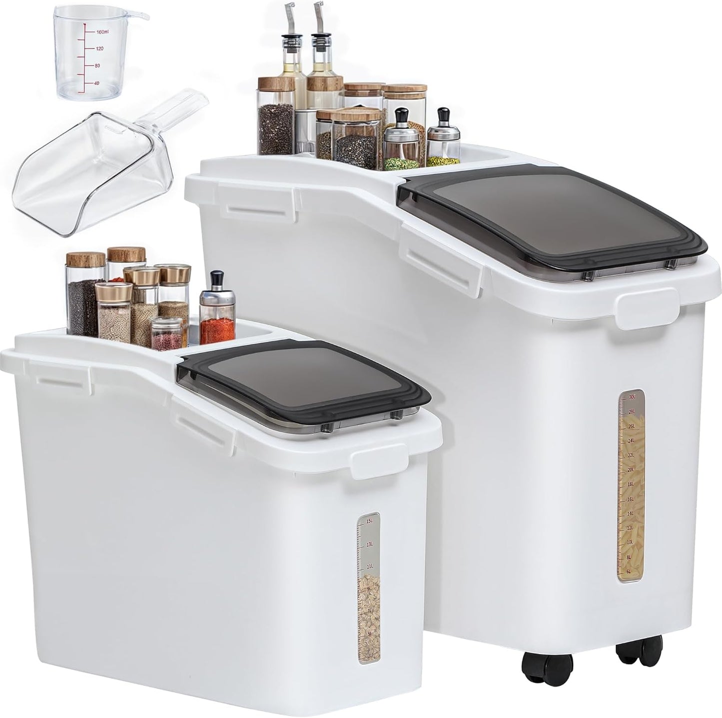Contenedor arroz 65L con taza medidora sin BPA ruedas