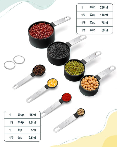 Set 8 Tazas y Cucharas Medidoras Acero Inox Negro